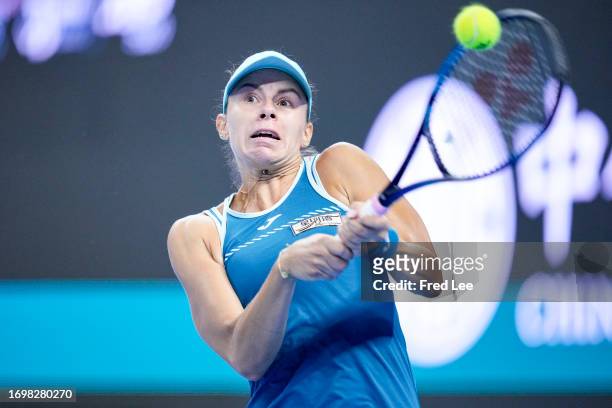 Magda Linette of Poland in action during a match against Victoria Azarenka of Belarus during day 5 of the 2023 China Open at National Tennis Center...