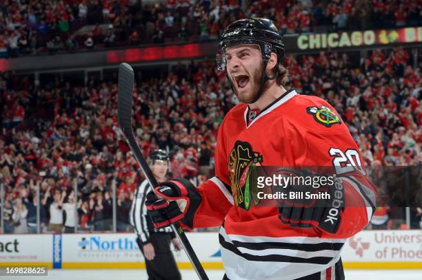 Brandon Saad of the Chicago Blackhawks celebrates after the Hawks score a goal in Game Two of the Western Conference Final against the Los Angeles...