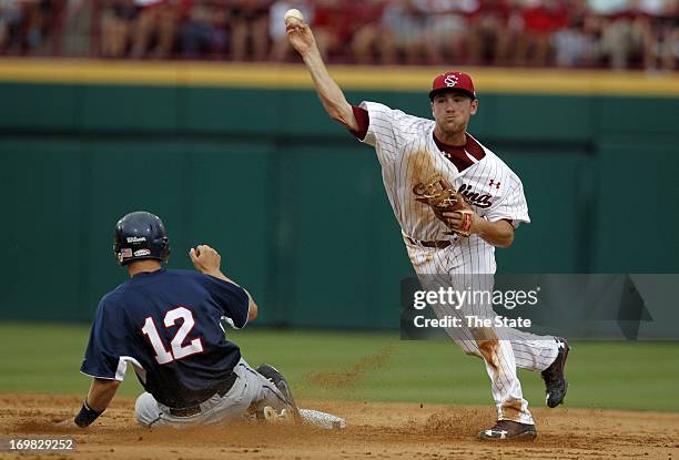 South Carolina's Joey Pankake tries to turn two during their game against Liberty in the Columbia Regional at Carolina Stadium in Columbia, South...