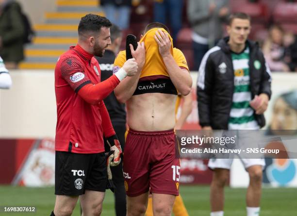 Motherwell's Liam Kellt and Dan Casey during a cinch Premiership match between Motherwell and Celtic at Fir Park, on September 30 in Motherwell,...