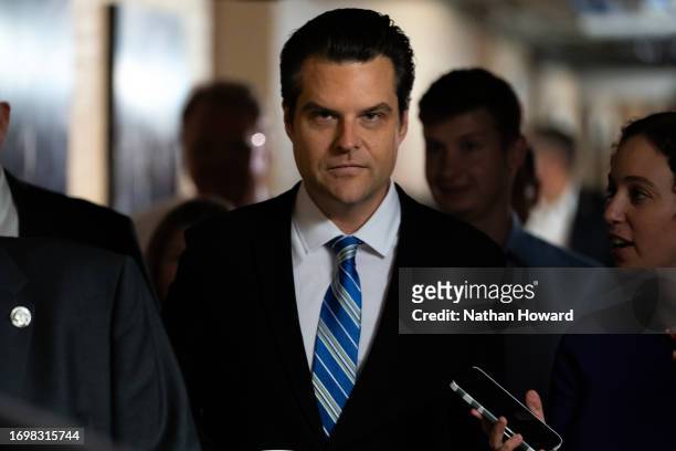House Freedom Caucus member Rep. Matt Gaetz arrives for a meeting of the Republican House caucus on September 30, 2023 in Washington, DC. The...
