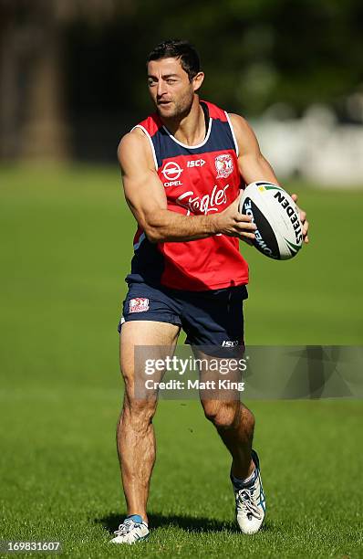 Anthony Minichiello runs with the ball during a Sydney Roosters NRL training session at Moore Park on June 3, 2013 in Sydney, Australia.