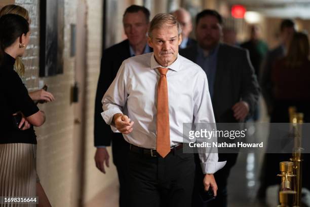 Rep. Jim Jordan arrives for a meeting of the Republican House caucus on September 30, 2023 in Washington, DC. The government is expected to enter a...