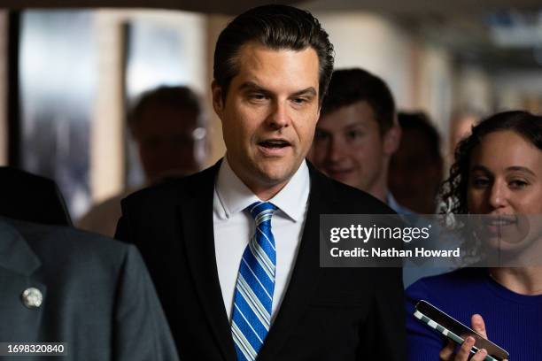 House Freedom Caucus member Rep. Matt Gaetz arrives for a meeting of the Republican House caucus on September 30, 2023 in Washington, DC. The...