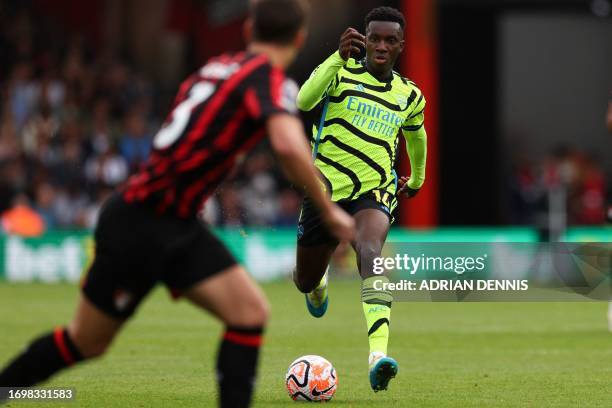 Arsenal's English striker Eddie Nketiah dribbles during the English Premier League football match between Bournemouth and Arsenal at the Vitality...