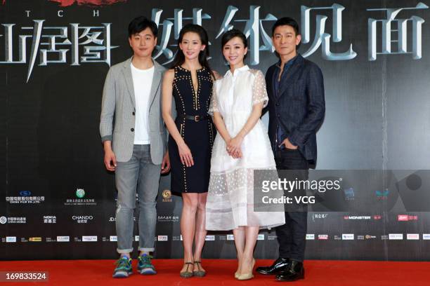 Actor Tong Dawei, actress Chi-ling Lin, actress Zhang Jingchu and actor Andy Lau attend "Switch" press conference at Olympic Sports Center on June 2,...