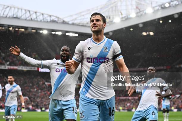 Joachim Andersen of Crystal Palace celebrate with Jeffrey Schlupp after scoring a goal during the Premier League match between Manchester United and...