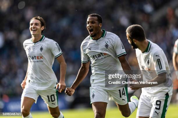 Alassane Plea of Borussia Moenchengladbach celebrates after he scored his teams third goal during the Bundesliga match between VfL Bochum 1848 and...