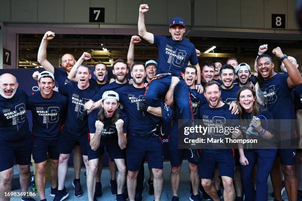 Race winner Max Verstappen of the Netherlands and Oracle Red Bull Racing celebrates Red Bull Racing's 2023 Constructors' Championship victory with...