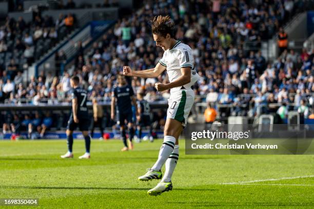 Florian Neuhaus of Borussia Moenchengladbach celebrates after he scored his teams first goal during the Bundesliga match between VfL Bochum 1848 and...