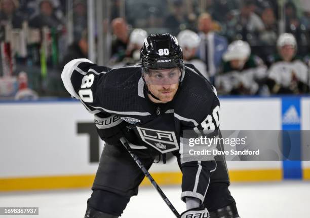 Pierre-Luc Dubois of the Los Angeles Kings looks on before an offensive zone face-off during the third period of the NHL Global Series match between...