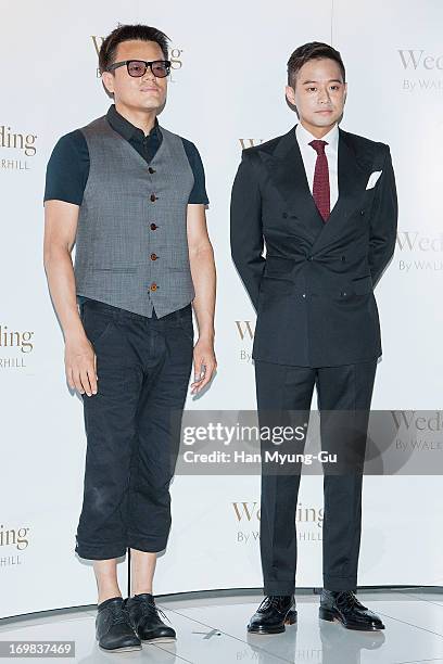 Park Jin-Young aka J.Y. Park or JYP and actor Chun Jung-Myung attend the wedding of Baek Ji-Young at Sheraton Walkerhill Hotel on June 2, 2013 in...