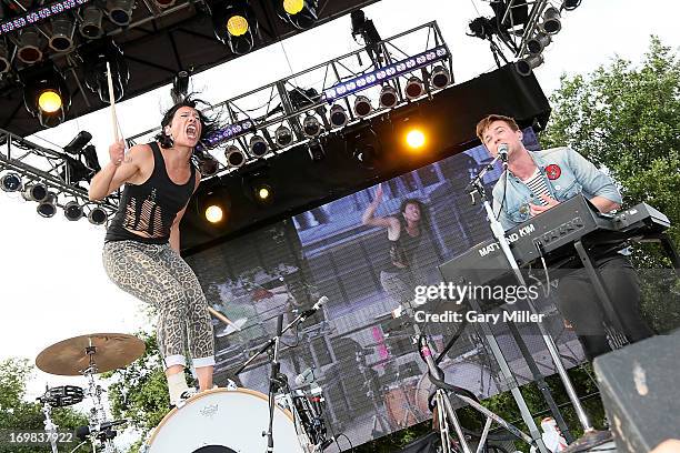 Kim Shifino and Matt Johnson of Matt & Kim perform in concert during the Free Press Summer Festival at Eleanor Tinsley Park on June 2, 2013 in...