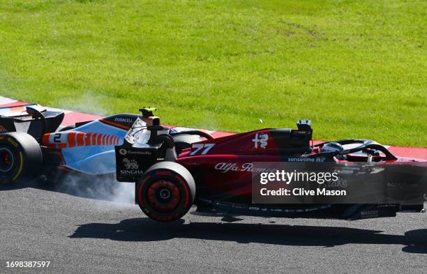 Valtteri Bottas of Finland driving the Alfa Romeo F1 C43 Ferrari collides with Logan Sargeant of United States driving the Williams FW45 Mercedes...