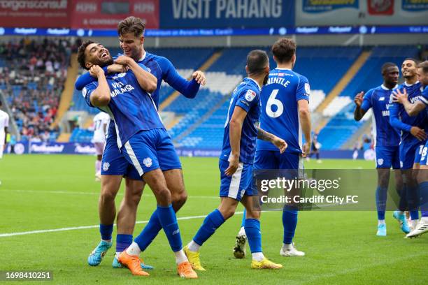 Kion Etete celebrates scoring for Cardiff City FC during the Sky Bet Championship match between Cardiff City and Rotherham United at Cardiff City...