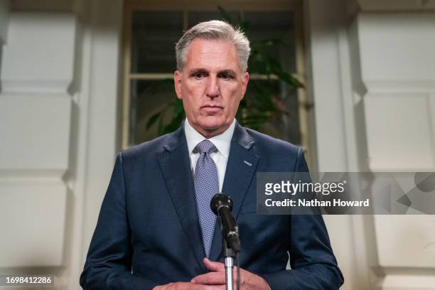 House Speaker Kevin McCarthy speaks with members of the media following a meeting of the Republican House caucus on September 30, 2023 in Washington,...