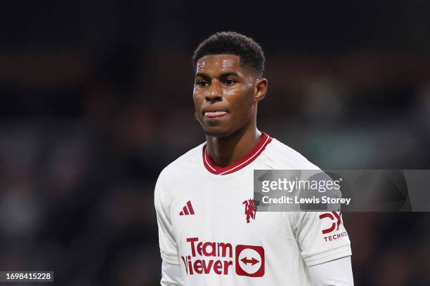 Marcus Rashford of Manchester United looks on during the Premier League match between Burnley FC and Manchester United at Turf Moor on September 23,...