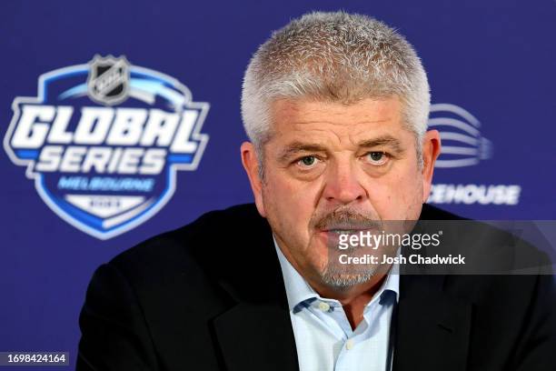Head coach Todd McLellan of the Los Angeles Kings speaks during a press conference following the NHL Global Series match between Arizona Coyotes and...