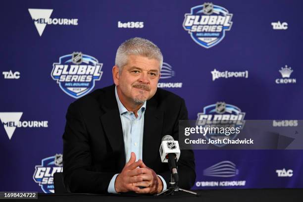 Head coach Todd McLellan of the Los Angeles Kings speaks during a press conference following the NHL Global Series match between Arizona Coyotes and...