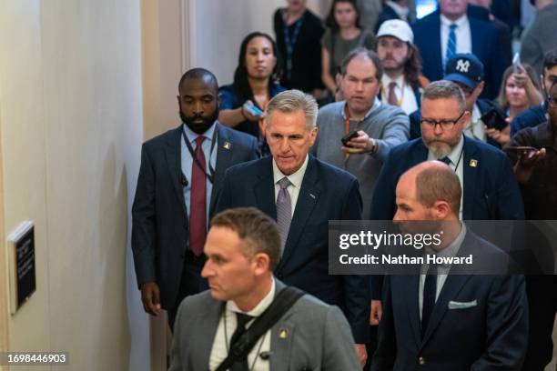 House Speaker Kevin McCarthy leaves a meeting of the Republican House caucus on September 30, 2023 in Washington, DC. The government is expected to...