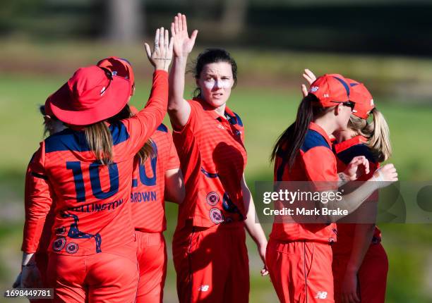 Tahlia McGrath of the Scorpions celebrates the wicket of Jannatul Sumona of the Meteors during the WNCL match between South Australia and ACT at...