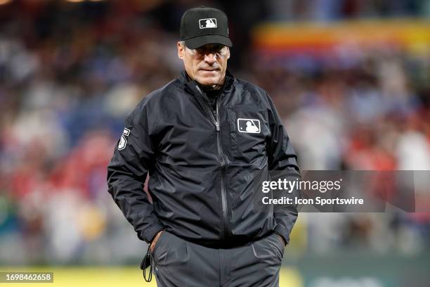 Umpire Angel Hernandez works a regular season game between the Pittsburgh Pirates and Philadelphia Phillies on September 26 at Citizens Bank Park in...