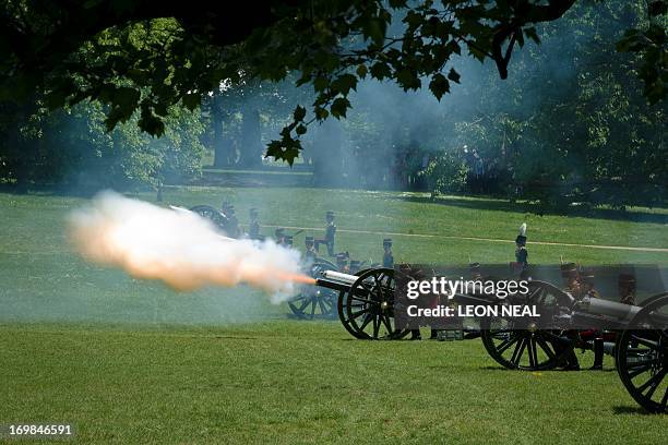 Members of the King's Troop Royal Horse Artillary fire a 41 gun salute in Green Park in central London on June 3, 2013 in honour of the 60th...