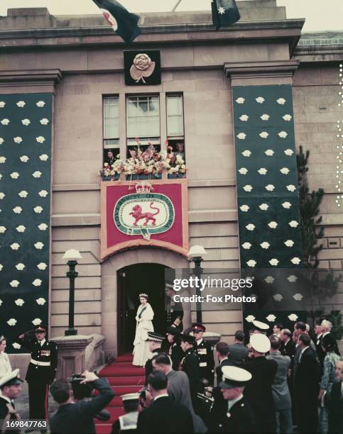 Queen Elizabeth II and Prince Philip are greeted in Hobart, Tasmania, during their Commonwealth Tour of Australia, 1954.
