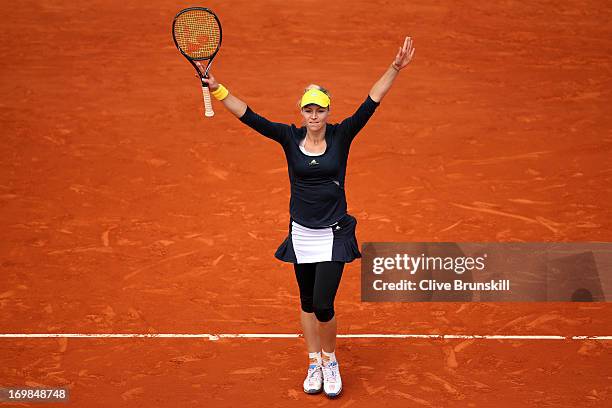 Maria Kirilenko of Russia celebrates match point during her Women's Singles match against Bethanie Mattek-Sands of the United States of America on...