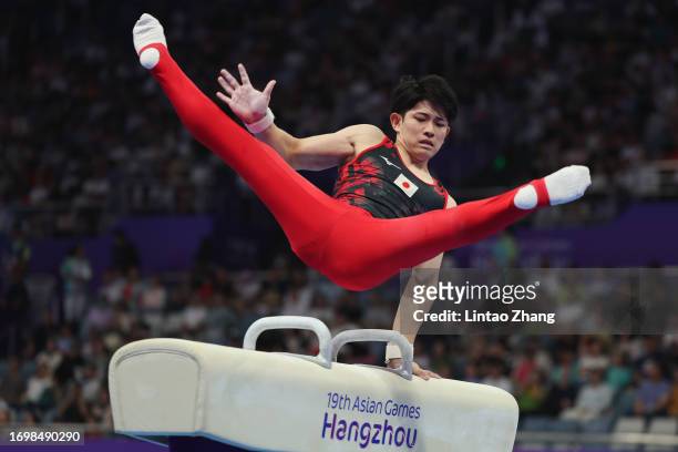Kakeru Tanigawa of Japan competes on the Pommel Horse during the Men's Gymnastics Qualification and Team Finals at Huanglong Sports Center on...