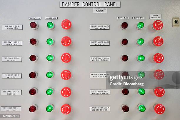 The lights and switches of a fire damper control system are seen on a new offshore jack-up rig, operated by Chornomornaftogaz, a division of NAK...