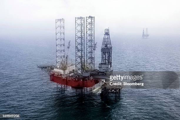 Offshore jack-up rigs, operated by Chornomornaftogaz, a division of NAK Naftogaz Ukrainy, stand in the Odessa gas field in the Black Sea, Ukraine, on...