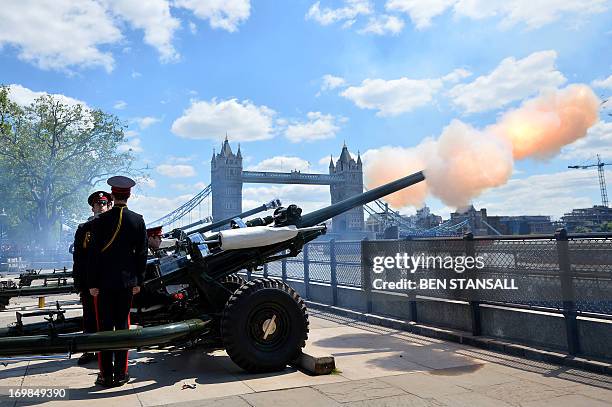 Members of the Honourable Artillery Company , the City of London’s Territorial Army regiment, fire a 62 gun salute at the Tower of London in central...