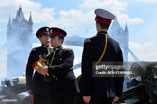 Members of the Honourable Artillery Company , the City of London’s Territorial Army regiment, prepare to fire a 62 gun salute at the Tower of London...