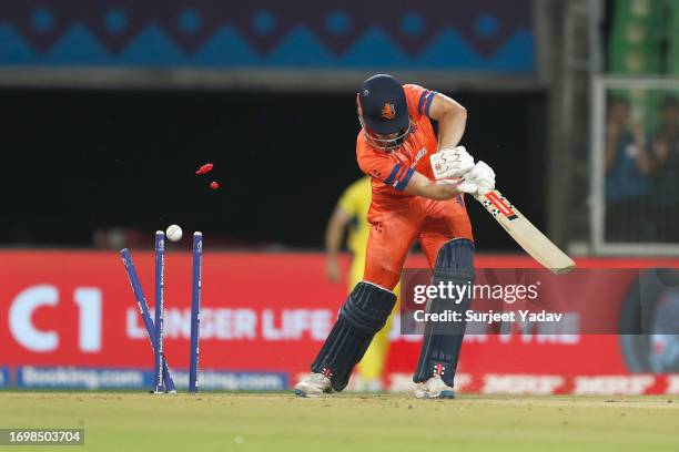 Bas de Leede of the Netherlands bowled during the ICC Men's Cricket World Cup India 2023 warm up match between Australia and c at Greenfield Stadium...