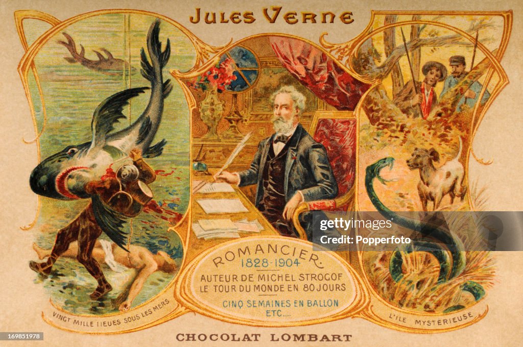 A vintage colour illustration of the French novelist Jules Verne ...