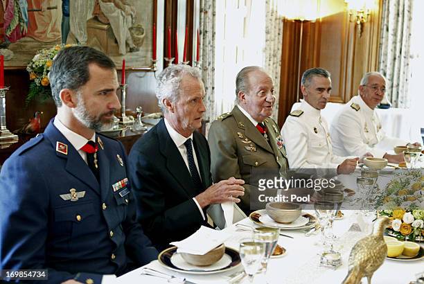 Prince Felipe of Spain, defense minister, Peter Morenes, King Juan Carlos of Spain, General Admiral Fernando Garcia Sanchez and Chief of Staff of the...