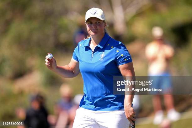 Caroline Hedwall of Team Europe reacts after putting on the third green during Day Three of The Solheim Cup at Finca Cortesin Golf Club on September...