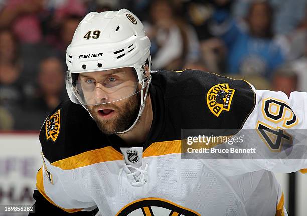 Rich Peverley of the Boston Bruins looks on during Game One of the Eastern Conference Final of the 2013 NHL Stanley Cup Playoffs against the...