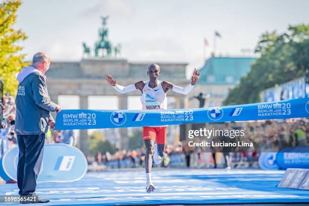 Eliud Kipchoge from Kenya crosses the finish line in first place during the 2023 BMW Berlin-Marathon on September 24, 2023 in Berlin, Germany.