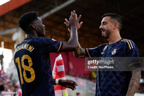 Aurelien Tchouameni defensive midfield of Real Madrid and France celebrates after scoring his sides first goal during the LaLiga EA Sports match...