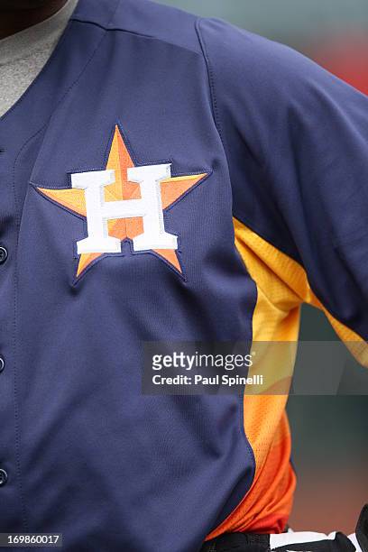 Detail of the Houston Astros logo on a jersey during batting practice before the game against the Los Angeles Angels of Anaheim on April 14, 2013 at...