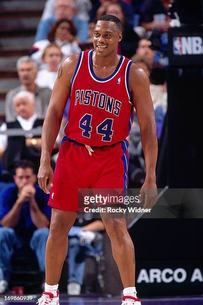 Rick Mahorn of the Detroit Pistons smiles against the Sacramento Kings during a game played on October 17, 1996 at Arco Arena in Sacramento,...