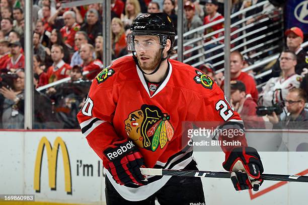 Brandon Saad of the Chicago Blackhawks looks across the ice in Game Seven of the Western Conference Semifinals against the Detroit Red Wings during...