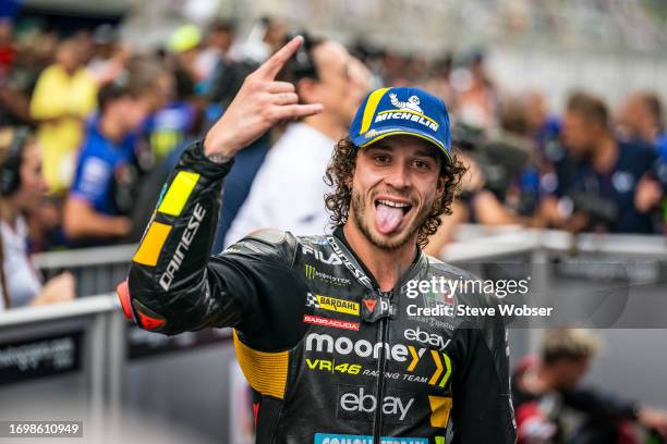 Marco Bezzecchi of Italy and Mooney VR46 Racing Team at greets at parc ferme after he won the race during the Race of the MotoGP IndianOil Grand Prix...
