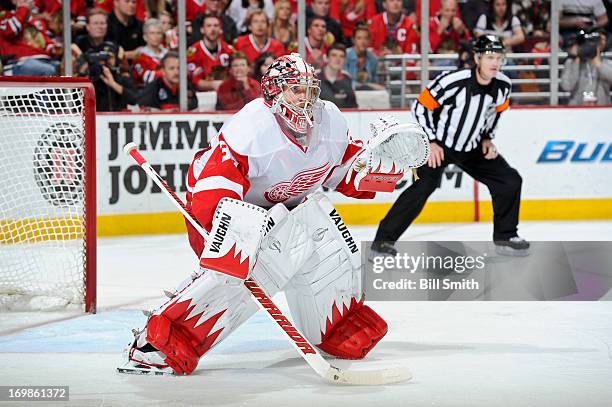 Goalie Jimmy Howard of the Detroit Red Wings guards the net in Game Seven of the Western Conference Semifinals against the Chicago Blackhawks during...
