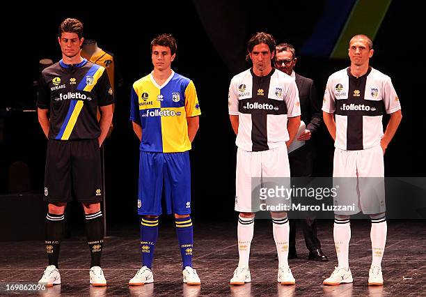 Alberto Cerri, Michele Moroni, Alessandro Lucarelli and Stefano Morrone attend the unveling of the new Parma FC club strip at Teatro Regio on June 3,...