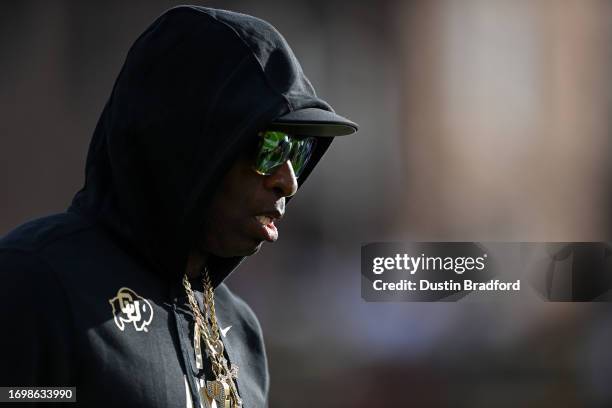 Head coach Deion Sanders of the Colorado Buffaloes walks on the field before a game against the USC Trojans at Folsom Field on September 30, 2023 in...