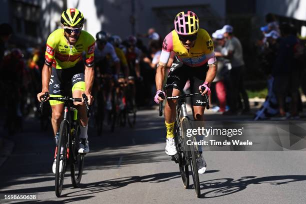 Alexis Guerin of France and Team Bingoal WB and Richard Carapaz of Ecuador and Team EF Education-EasyPost attack during the 83rd Skoda Tour...