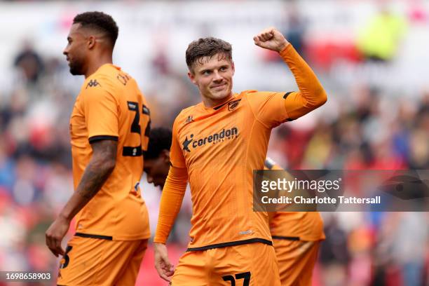 Regan Slater of Hull City celebrates after scoring the team's third goal during the Sky Bet Championship match between Stoke City and Hull City at...